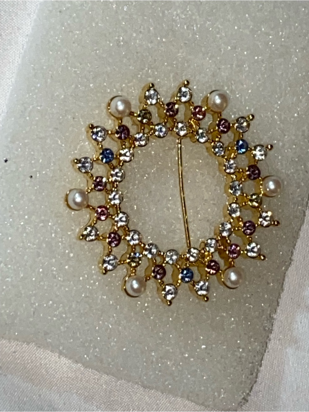 Monet Gold-Tone Multicolor Crystal & Pearl Wreath Brooch